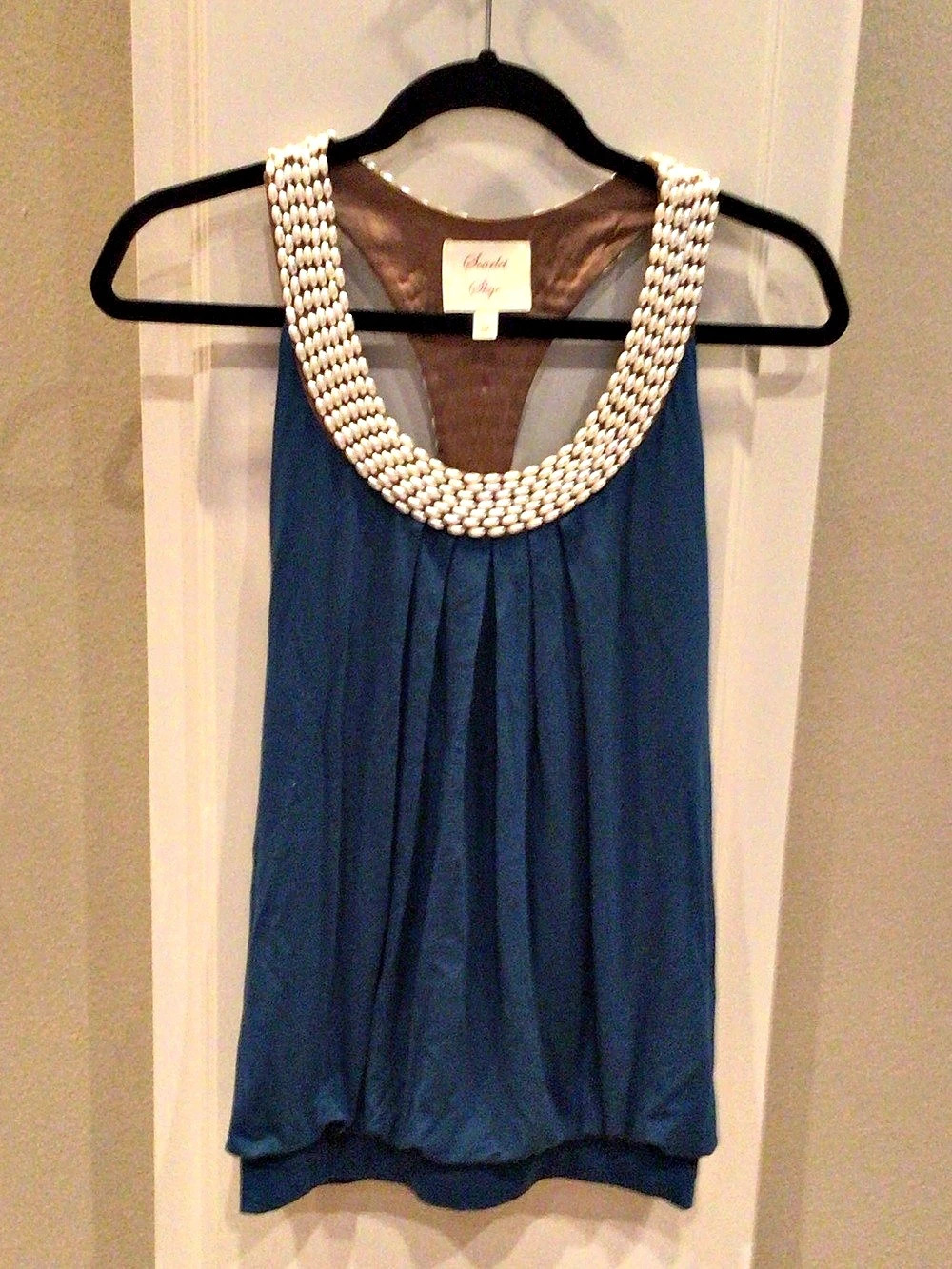 Scarlet Skye Beaded Neckline Top in Blue & Brown Size Large Like New